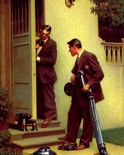 Prompt: handsome man selling vacuum cleaners door to door in a suburban neighborhood 1 9 3 2, melancholy, nostalgia, painting by gaston bussiere, craig mullins, j. c. leyendecker