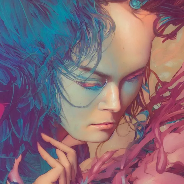Prompt: young woman, gorgeous face, vaporwave aesthetic, synthwave, colorful, psychedelic, abused, broken beaten, sadness, crying, inner strength, holding onto, curled up, artstation, concept art, smooth, extremely sharp detail, finely tuned detail, 8 k, ultra sharp focus, illustration, art by artgerm and greg rutkowski and alphonse mucha