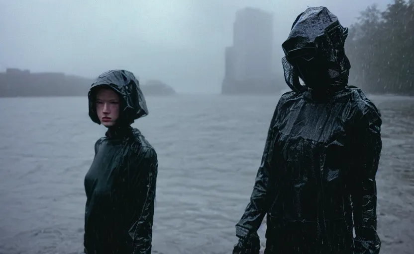 Image similar to cinestill 5 0 d candid photographic portrait by helen levitt of two loving female androids wearing rugged black mesh techwear in treacherous waters, extreme closeup, modern cyberpunk moody depressing cinematic, pouring rain, 8 k, hd, high resolution, 3 5 mm, f / 3 2, ultra realistic faces, ex machina