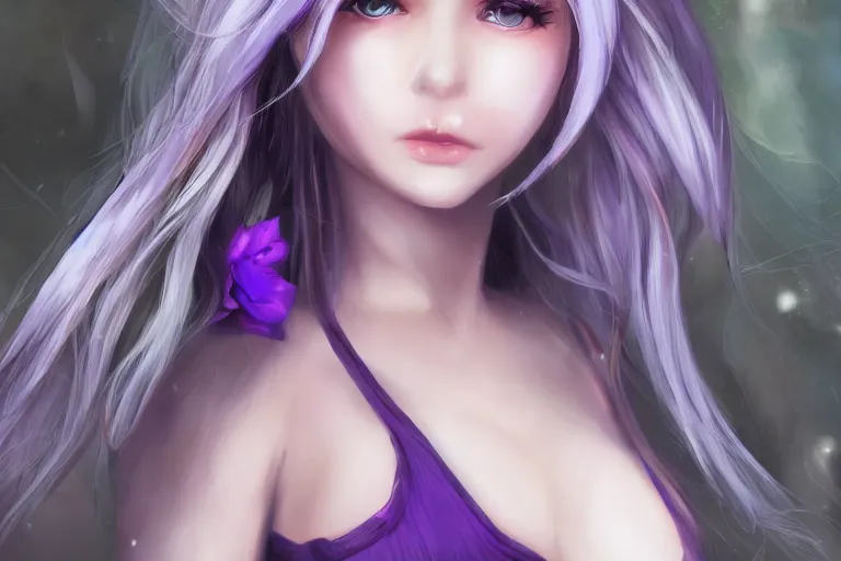 Image similar to A girl who's hair is light-silvery with a tint of purple, waist-length. orchid purple eyes. Elf ears Her skin is Ivory White pixiv artist WLOP artstation artist Mam BA artstation real photo very detailed