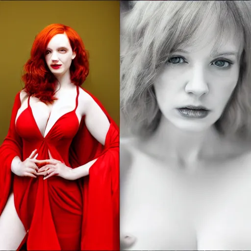 Image similar to symmetry!! christina hendricks!!! full frontal body photography of skinny christina hendricks in white robes standing in the desert, blushing, red - cheeks!!, dim volumetric cinematic lighting, 8 k, detailed - face!!, red lips, post - processing, extremely hyper - detailed, intricate, epic composition, masterpiece, stunning, leica sl 2 5 0 mm