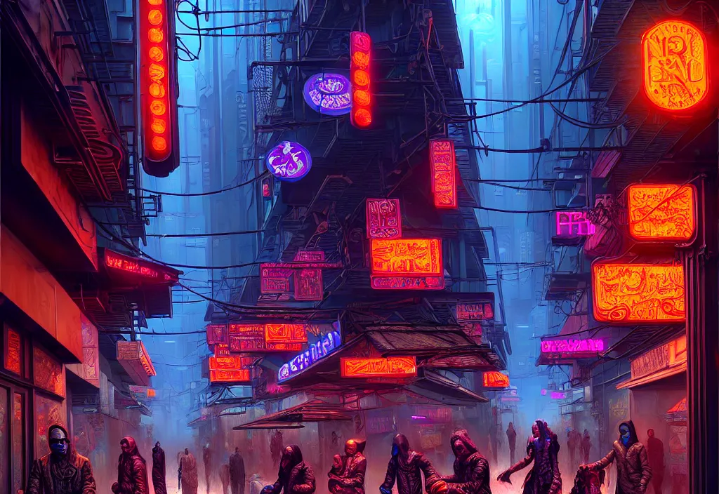 Image similar to a highly detailed bazaar street in the cyberpunk megacity of new washington, amazing cyberpunk digital painting, by gerald brom, brom digital art, intricate details, ultra realistic, beautiful art, volumetric lighting, ultra realistic, by art germ, by brom, trending cgsociety, artstation, rim lighting, cool neon lights, crowded, 8 k