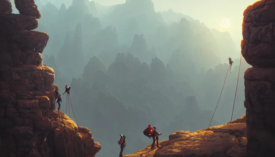 Image similar to rock climbers climbing a rock, an epic fantasy, establishing shot, dramatic lighting, cinematic, extremely high detail, photorealistic, cinematic lighting, matte painting, artstation, by simon stalenhag, horizon forbidden west