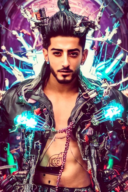 Image similar to full-body cyberpunk style sculpture of handsome singer Maluma as a half cyborg with a chest opening exposing circuitry and electric sparks, glowing pink eyes, crown of blue flowers, flowing salmon-colored silk, fabric, raptors. baroque elements. full-length view. baroque element. intricate artwork by caravaggio. many many birds birds on background. Trending on artstation, octane render, cinematic lighting from the right, hyper realism, octane render, 8k, depth of field, 3D