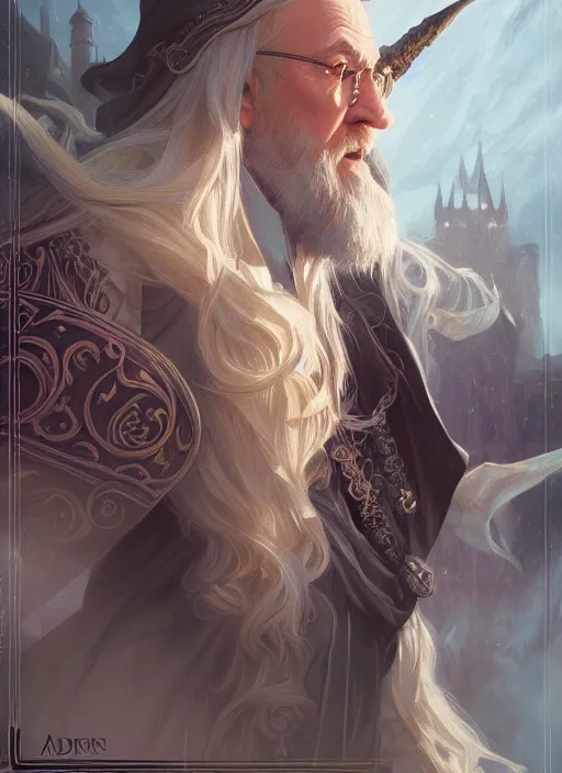 Image similar to dumbledore, d & d, fantasy, intricate, elegant, highly detailed, digital painting, artstation, concept art, matte, sharp focus, illustration, hearthstone, art by artgerm and greg rutkowski and alphonse mucha