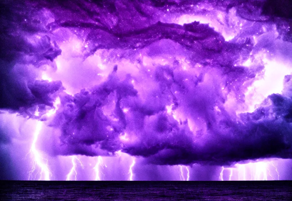 Prompt: purple color lighting storm with stormy sea a pirate ship trippy nebula sky