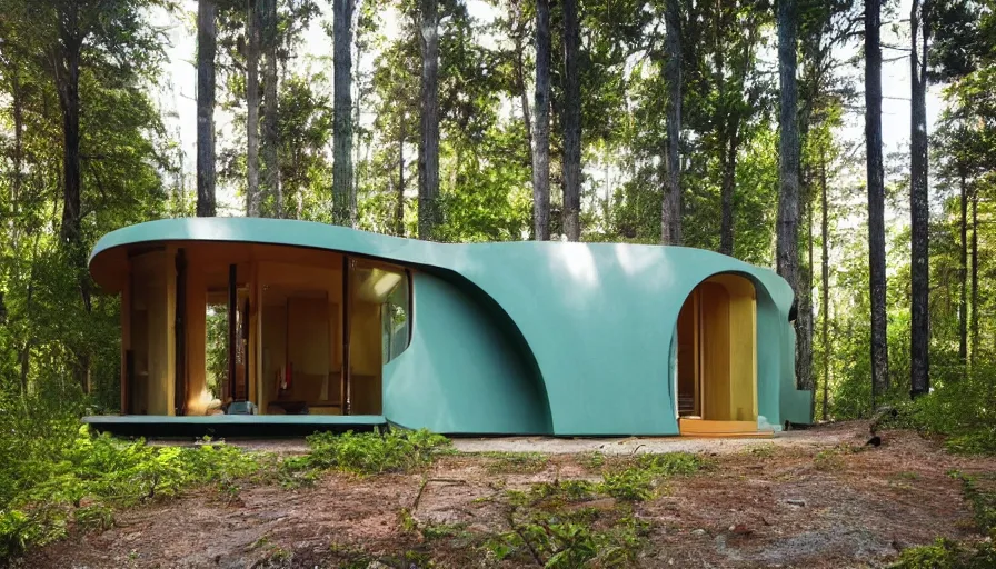 Image similar to A wide image of a full innovative contemporary 3D printed prefab sea ranch style cabin with rounded corners and angles, beveled edges, made of cement and concrete, organic architecture, in a lush green forest Designed by Gucci, Balenciaga, and Wes Anderson, golden hour