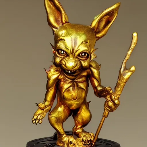 Image similar to a happy cute Lucky Golden Goblin statue, bright art masterpiece artstation. hyper details, golden smooth material, sculpted by Alex Alice, Craig Mullins, yoji shinkawa, trending on artstation, beautifully lit, Peter mohrbacher, hyper detailed, insane details, intricate, elite, elegant, luxury, glittering light, CGsociety, hypermaximalist, golden ratio, treasure background, volumetric, octane render, weta digital, micro details, 3d sculpture