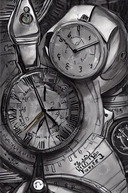 Prompt: the keeper of time, watches and all ticking things,, painted by wally wood and matt jefferies, trending on artstation, bright macro view pixar, award - winning, blueprint, chillwave, realism