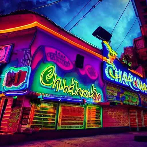 Image similar to El Chapulin Colorado in a Cyberpunk world, futuristic, neon lighting