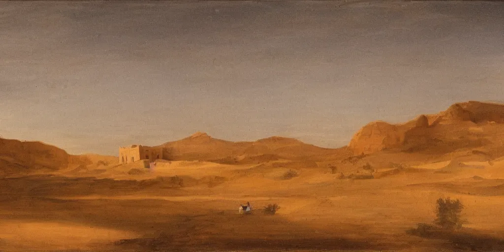 Image similar to desert landscape at night with arabian palace on horizon