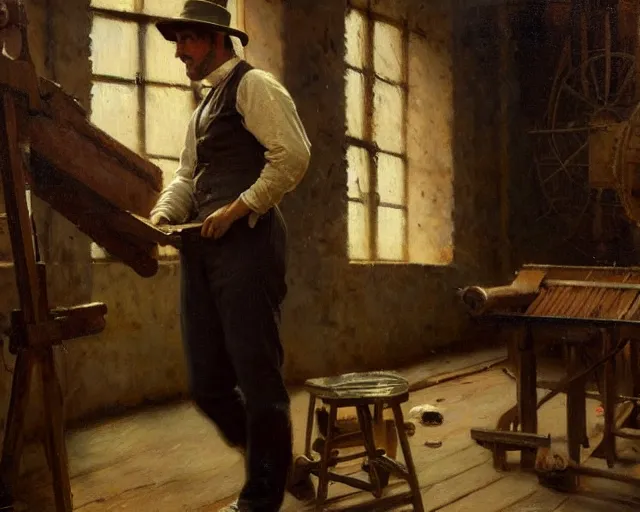 Image similar to attractive man working hard at an 1 9 th century factory. highly detailed painting by gaston bussiere, craig mullins, j. c. leyendecker 4 k