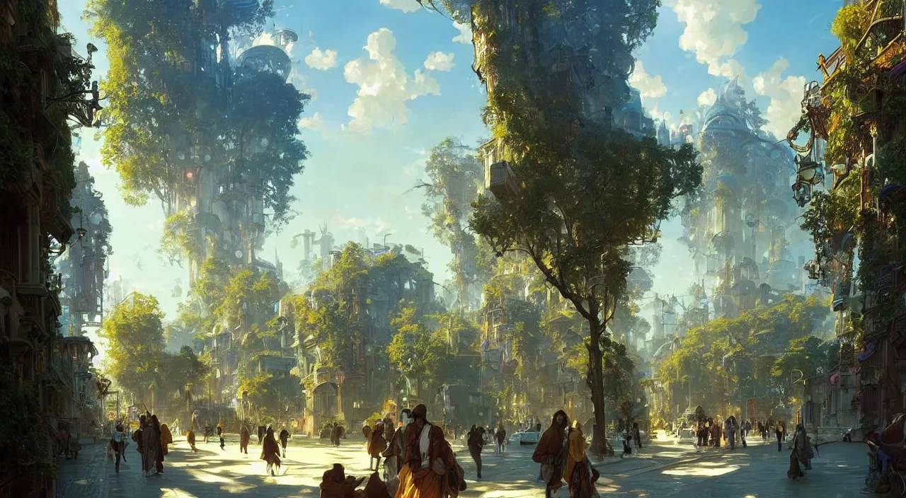 Image similar to gorgeous solarpunk city with happy people and animals, lots of beautiful trees, happy scenes, late afternoon light, wispy clouds in a blue sky, unreal engine, intricate, highly detailed, elegant, trending on artstation, sharp focus, cinematic lighting, art by greg rutkowski and alphonse mucha