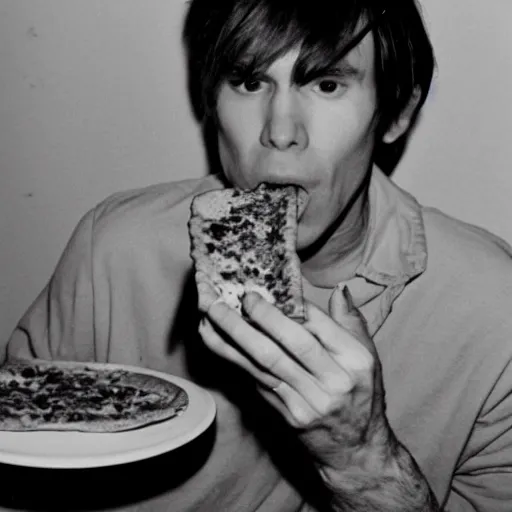 Image similar to a photo of andy warhol eating a delicious slice of pizza