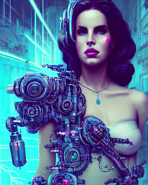 Image similar to portrait of lana del rey as a cyberpunk cyborg. roses, sci - fi, intricate abstract, upper body, intricate artwork, by tooth wu, wlop, beeple, dan mumford. concept art, 8 k octane render, deviantart, greg rutkowski, cinematic, key art, hyperrealism, iridescent accents