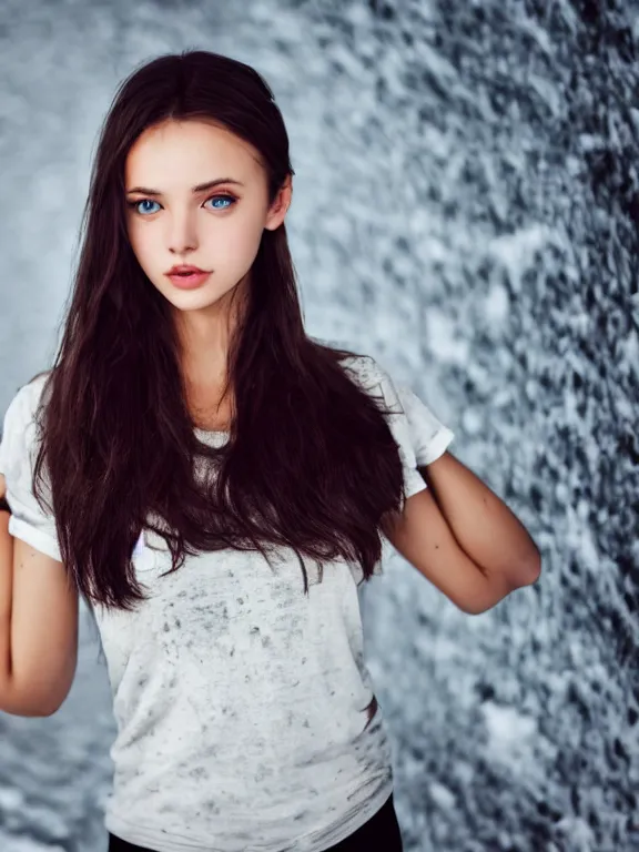 Image similar to hyperdetailed photo of a beautiful ukrainian girl, brown eyes, dark hair, winds of winter, with very tight t - shirt