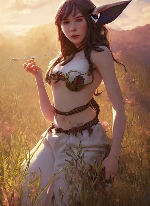 Prompt: A stunning elf female on a beutiful meadow, afternoon, art by Artgerm and Greg Rutkowski and Alphonse Mucha and miro manara, unreal 5, DAZ, hyperrealistic, octane render, RPG portrait, ambient light, dynamic lighting