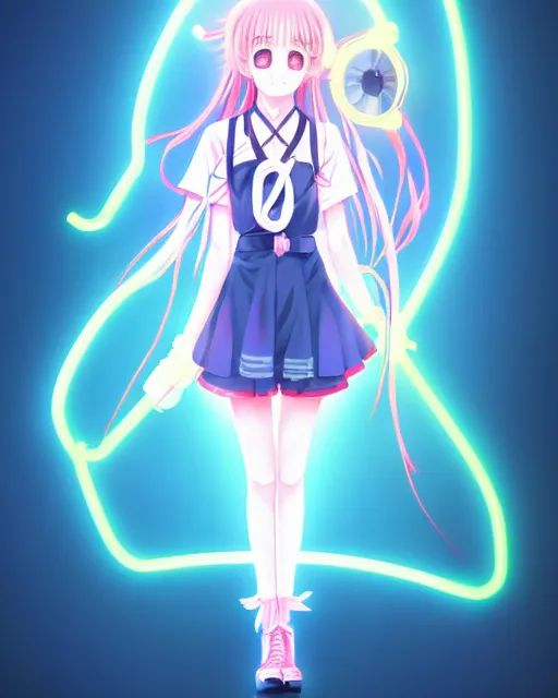 Image similar to anime style, vivid, expressive, full body, 4 k, painting, a cute magical girl with a long wavy hair wearing a nurse outfit, correct proportions, stunning, realistic light and shadow effects, neon lights, studio ghibly makoto shinkai yuji yamaguchi