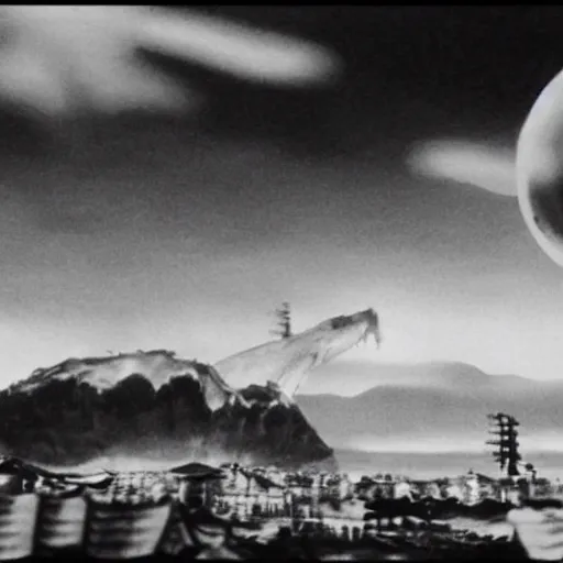 Image similar to a giant Kaiju Starfish Monster over a traditional Korean village, minimal cinematography by Akira Kurosawa, hyperrealistic movie filmstill, film noir, thriller by Fritz Lang