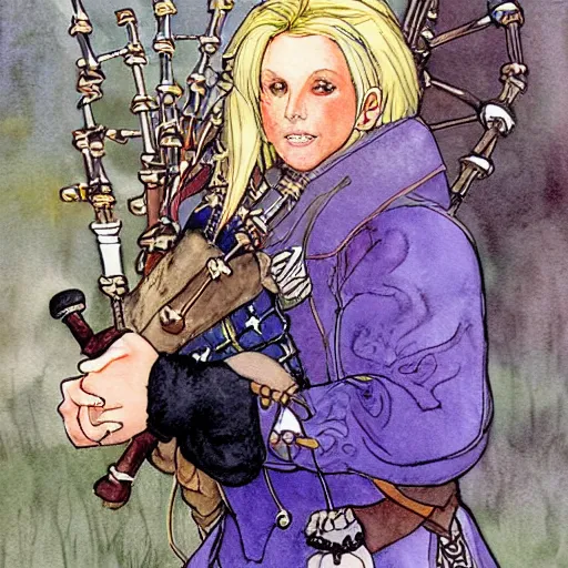 Prompt: a realistic and atmospheric watercolour fantasy concept art of britney spears dressed with scottish clothes and with bagpipe, muted colors. by rebecca guay, michael kaluta, charles vess and jean moebius giraud,