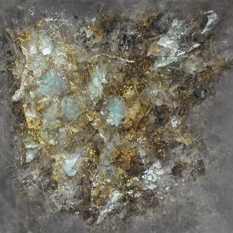 Image similar to the merge, clear crystals embedded, gold trim, faded worn, decay texture, the merge, intricate concept art painting, fantasy, the merge, merge, narrative nature grotesque dark, the merge,