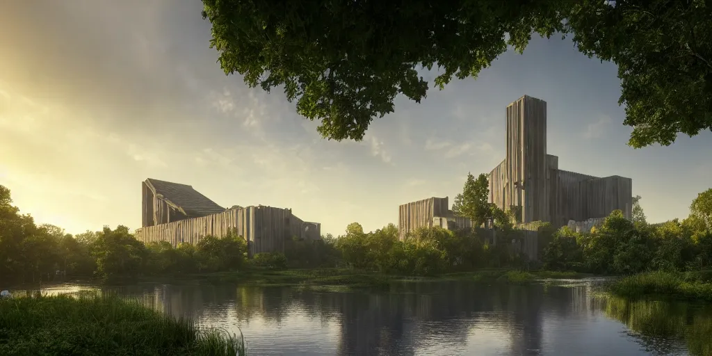 Image similar to a stunningly detailed cathedral of brutalist architecture, surrounded by lush green forest, ponds of water, stunning volumetric lighting, sunset, metal, concrete, stunning skies, trending on Artstation, 8k, photorealistic, hyper detailed, unreal engine 5, IMAX quality, cinematic, epic lighting, in the style of Greg Rutkowski