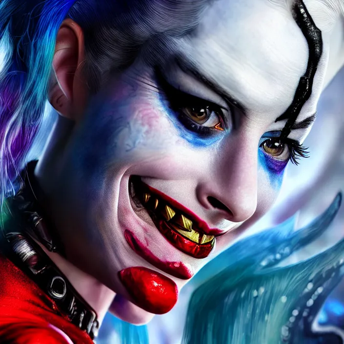 Image similar to portrait of Anne Hathaway as a harley quinn in Suicide Squad. intricate abstract. intricate artwork. by Tooth Wu, wlop, beeple, dan mumford. octane render, trending on artstation, greg rutkowski very coherent symmetrical artwork. cinematic, hyper realism, high detail, octane render, 8k, iridescent accents