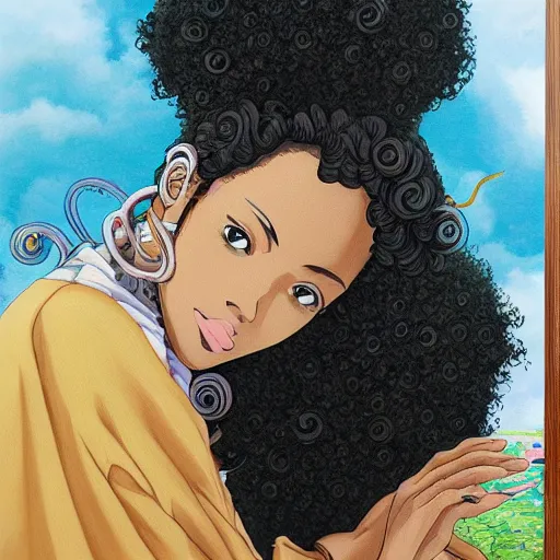 Image similar to a somali woman with curly hair, painting on a canvas, anime style, studio ghibli, contemplative, beautiful, surreal, detailed, dreamy