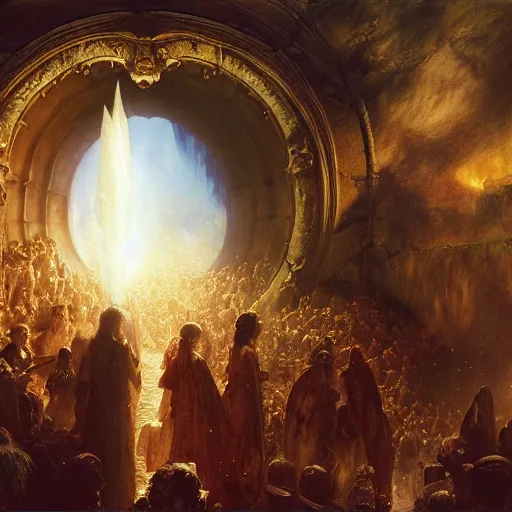 Image similar to alvah angelrune water portal to hell located in heaven, crowd of people, rule of thirds, 4 k, dark bright effect, highly detailed painting by gaston bussiere, craig mullins, j. c. leyendecker