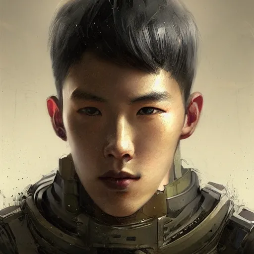 Image similar to Portrait of a man by Greg Rutkowski, he is about 20 years old, korean, short black hair, young, manly, attractive, tall and slim, smart looking, he is wearing futuristic military fatigues, highly detailed portrait, scifi, digital painting, artstation, concept art, smooth, sharp foccus ilustration, Artstation HQ