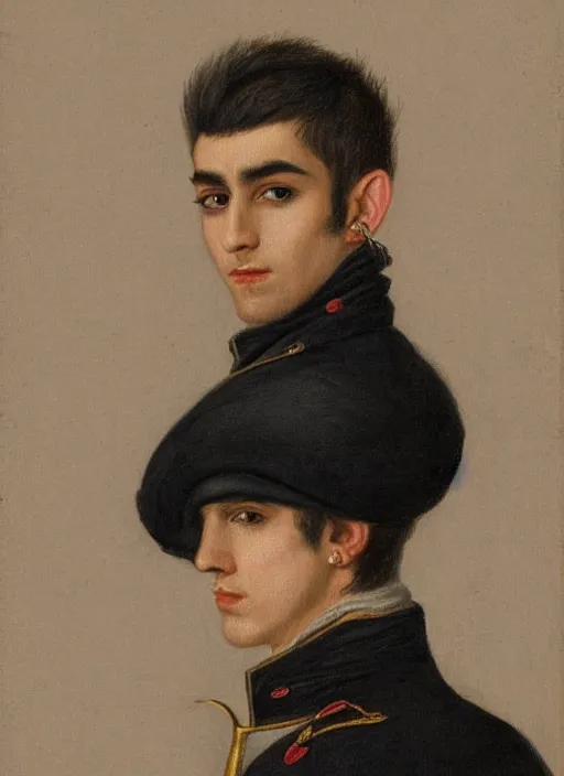 Image similar to portrait of zayn malik as an elf by henriette ronner - knip, only one head single portrait, pointy ears, wearing a black leather napoleonic military jacket