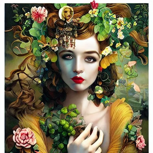 Image similar to dynamic composition, a painting of woman with hair of ( summer flowers )!! and vines wearing ornate earrings, ornate gilded details, a surrealist painting by tom bagshaw and jacek yerga and tamara de lempicka and jesse king, featured on cgsociety, pop surrealism, surrealist, dramatic lighting, wiccan, pre - raphaelite