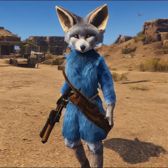 Prompt: a blue fennec fox furry in a fursuit in red dead redemption 1 shooting himself