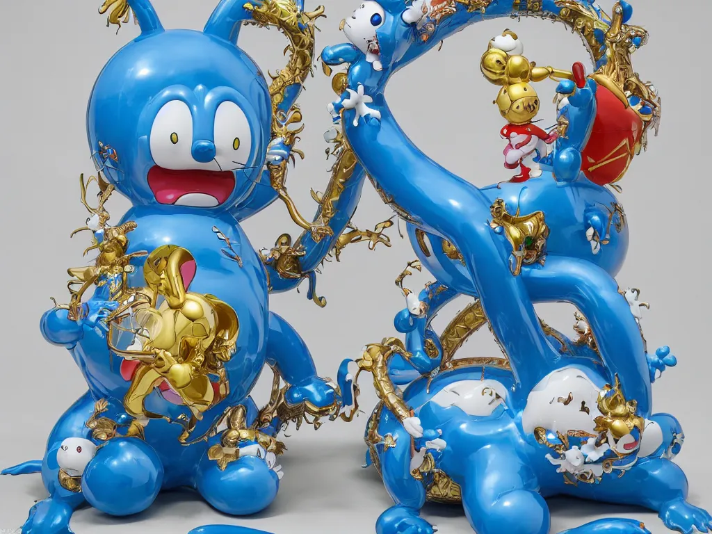 Image similar to Jeff Koons Doraemon Dorami Fractal Dragon statue, in the style of Hajime Sorayama