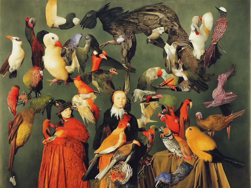 Image similar to Portrait of Meth addict with beautiful, exotic birds. Painting by Jan van Eyck, Audubon, Maria Sybilla Merian, August Sander, Rene Magritte, Agnes Pelton, Max Ernst, Walton Ford