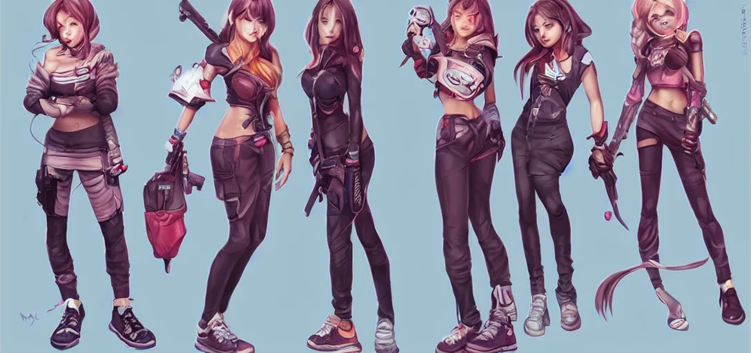 Image similar to character sheet concept art of female video game characters, unique hairstyles, cute casual streetwear, by marc brunet and artgerm