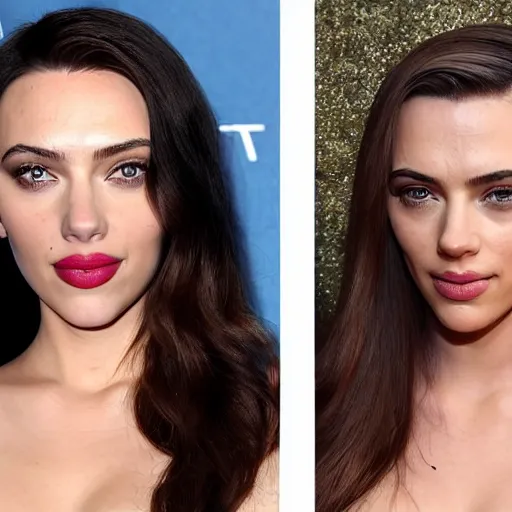 Image similar to a woman who is a genetic combination of kim kardashian and kat dennings and scarlett johansson and margot robbie and emma watson, face and upper - body focus, detailed eyes