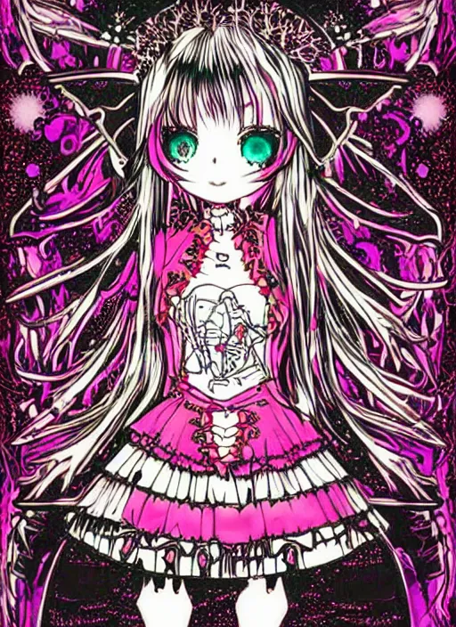 Image similar to spiked bloodmoon goregrind sigil stars draincore, baroque bedazzled gothic royalty frames surrounding a hellfire hexed witchcore aesthetic, dark vhs broken hearts, neon glyphs spiked pixelsort fairy kei decora doll by guro manga artist Shintaro Kago