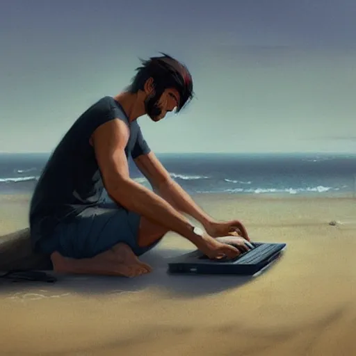 Prompt: concept art of man working on laptop at beach, perfect face, fine details, by greg rutkowski, makoto shinkai