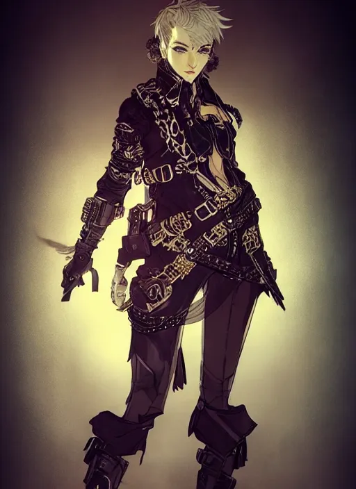 Prompt: Half body portrait of young woman with short hair wearing ornate leather tunic, pirate attire. In style of Yoji Shinkawa and Hyung-tae Kim, trending on ArtStation, dark fantasy, great composition, concept art, highly detailed, dynamic pose.