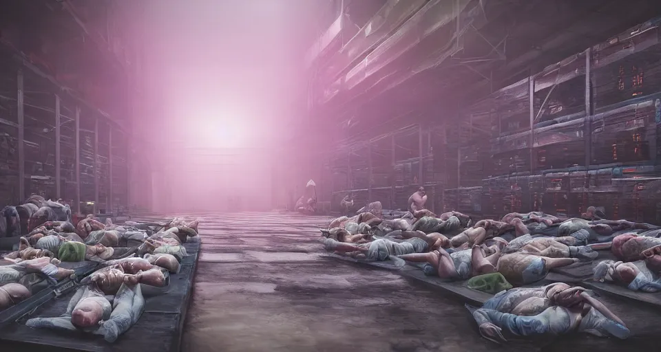 Prompt: illustration of rows of limp human bodies growing like fruit on display in a cold warehouse, refrigerated storage facility, rolling fog, cyberpunk, dystopian, dramatic lighting, unreal engine 5, colorful