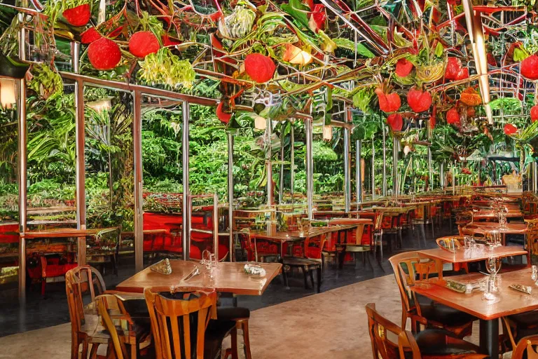 Image similar to 1 9 9 2 rainforest themed diner, tables repeat into the horizon, fruitcore, watermeloncore, one point perspective, americana, restaurant interior photography, 5 5 mm