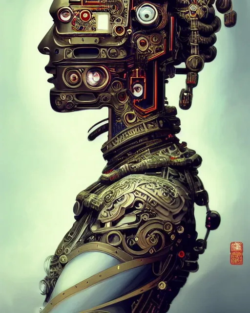 Prompt: portrait of a cyberpunk machine, machine face, upper half portrait, decorated with chinese opera motifs, asian, fine china, traditional chinese art, intricate, elegant, highly detailed, symmetry, digital painting, artstation, concept art, smooth, sharp focus, illustration, art by artgerm and greg rutkowski and alphonse mucha, 8 k