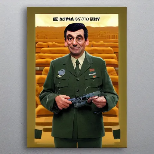 Prompt: Mr Bean Joins The Army (1999), movie poster painting by Grant Wood, 3D rendering by Beeple, sketch by R. Crumb H 640