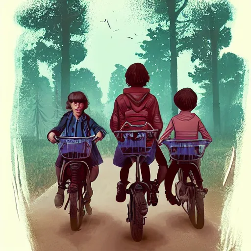 Image similar to stranger things kids riding into woods, adam adamowicz illustration character design concept, unreal 5, d