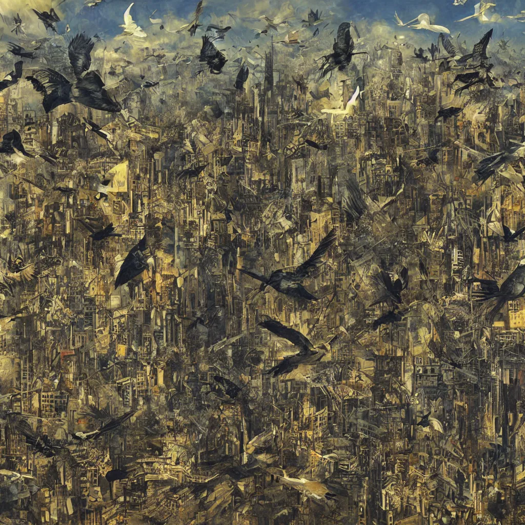 Image similar to digital birds fly over a progressively rasterized city into virtuality, oil on canvas by dave mckean and ivan shishkin