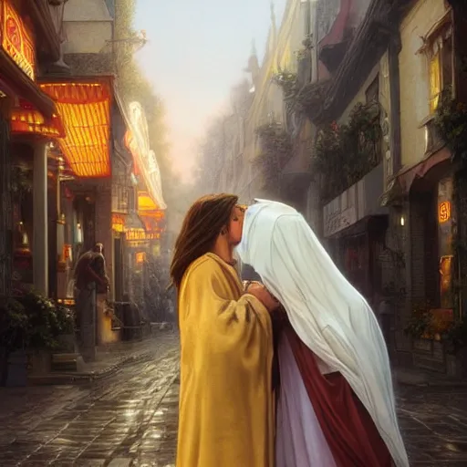 Image similar to jesus kissing a woman in a street, elegant, highly detailed, digital painting, artstation, concept art, matte, sharp focus, highly detailed, 4 k, hdr, smooth, sharp focus, high resolution, award - winning photo, photorealistic, art by artgerm and greg rutkowski and alphonse mucha, large shot