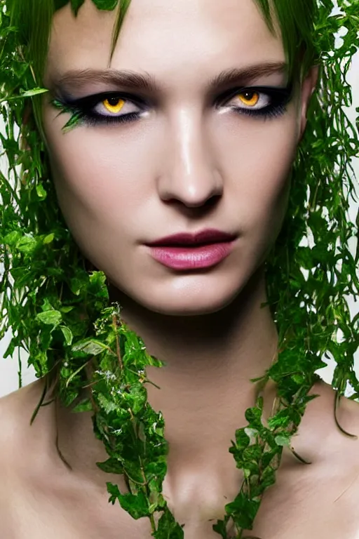 Image similar to A beautiful portrait of Daria Strokous smiling as Poison Ivy from GTA V as a Versace fashion model Spring/Summer 2010, highly detailed, in the style of cinematic, Getty images, Milan fashion week backstage, Extreme close up, Makeup by Pat McGrath, Hair by Guido Palau, Greg rutkowski