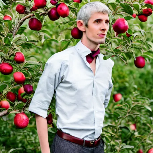 Image similar to portrait of a tall elven man, standing in an apple orchard, dressed well, very handsome