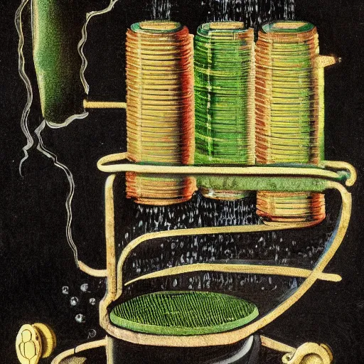 Image similar to a stream of water entering a machine made from organs and producing a coin in the style of Francis Bacon, 8k